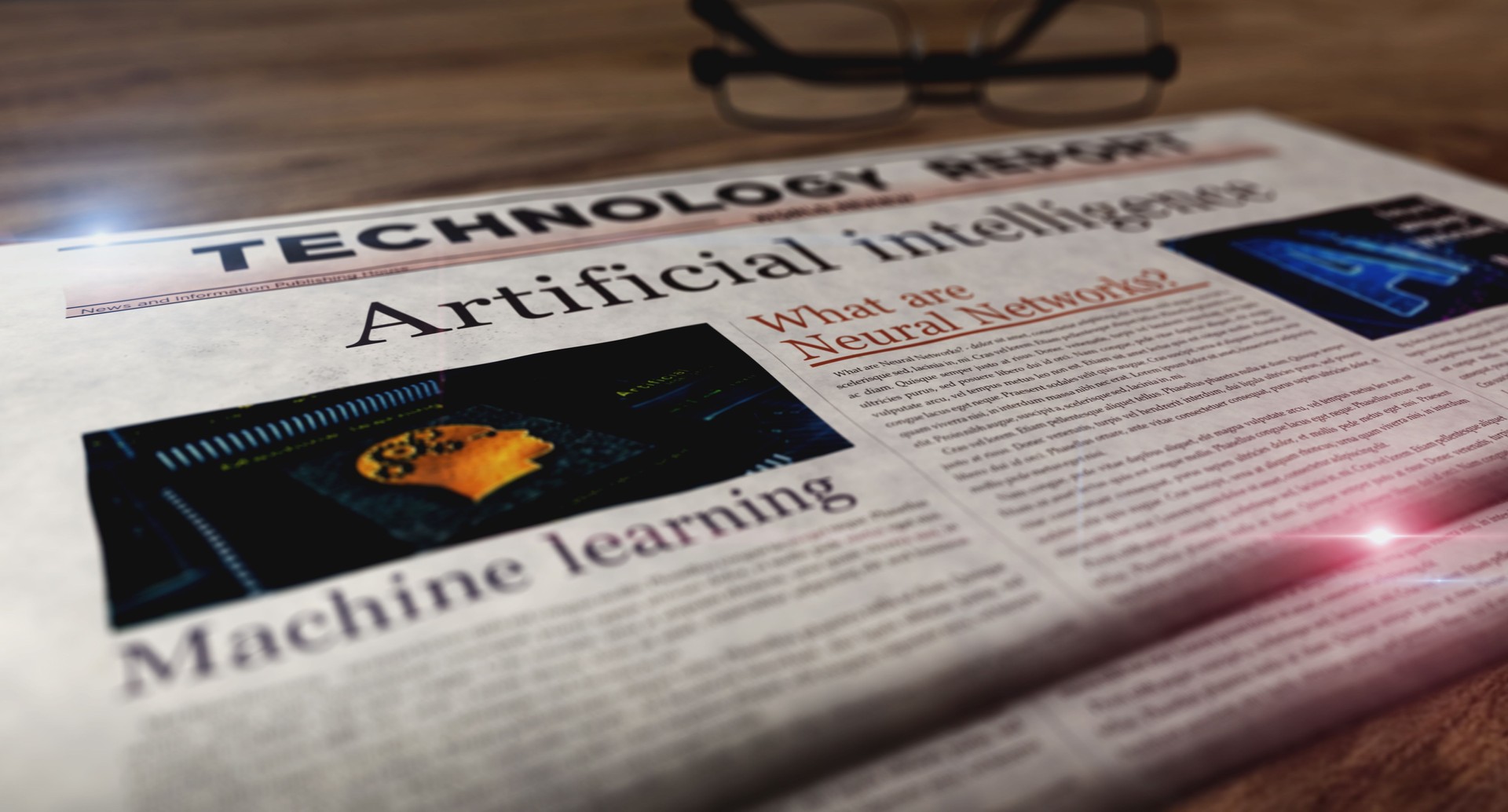 Artificial intelligence neural networks newspaper on table